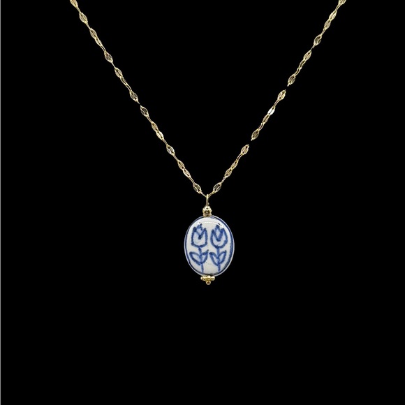 Blue and White Floral Ceramic Pendant on Stainless Steel Necklace - Picture 7 of 13